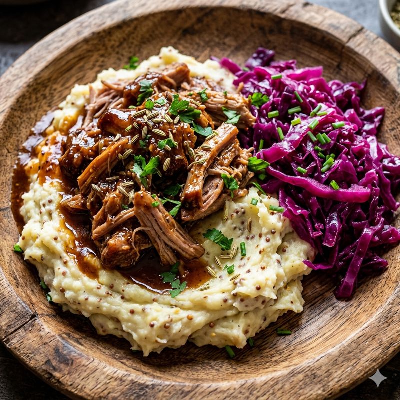 Pulled Pork with Wholegrain Mustard Mash and Braised Cabbage